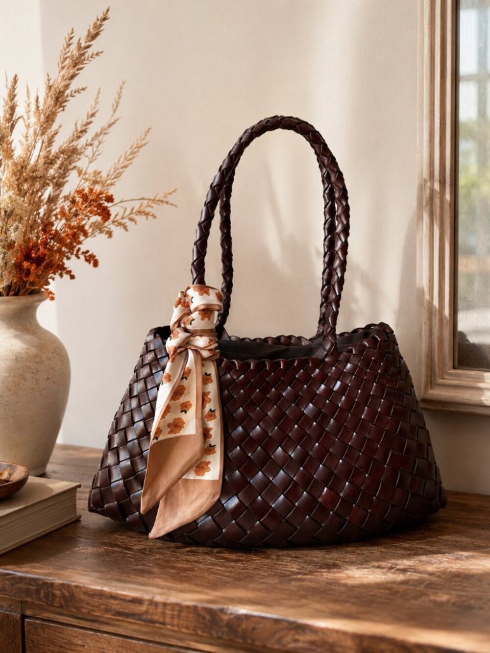 Brown Woven Leather Tote Bag, Braided Handle Shoulder Bag, Handmade Women’s Hand